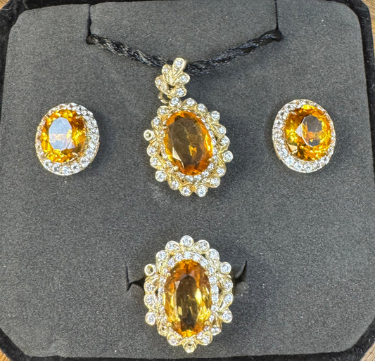 Golden Citrine Radiance – 4-Piece Sterling Silver 18K Gold Plated Jewelry Set